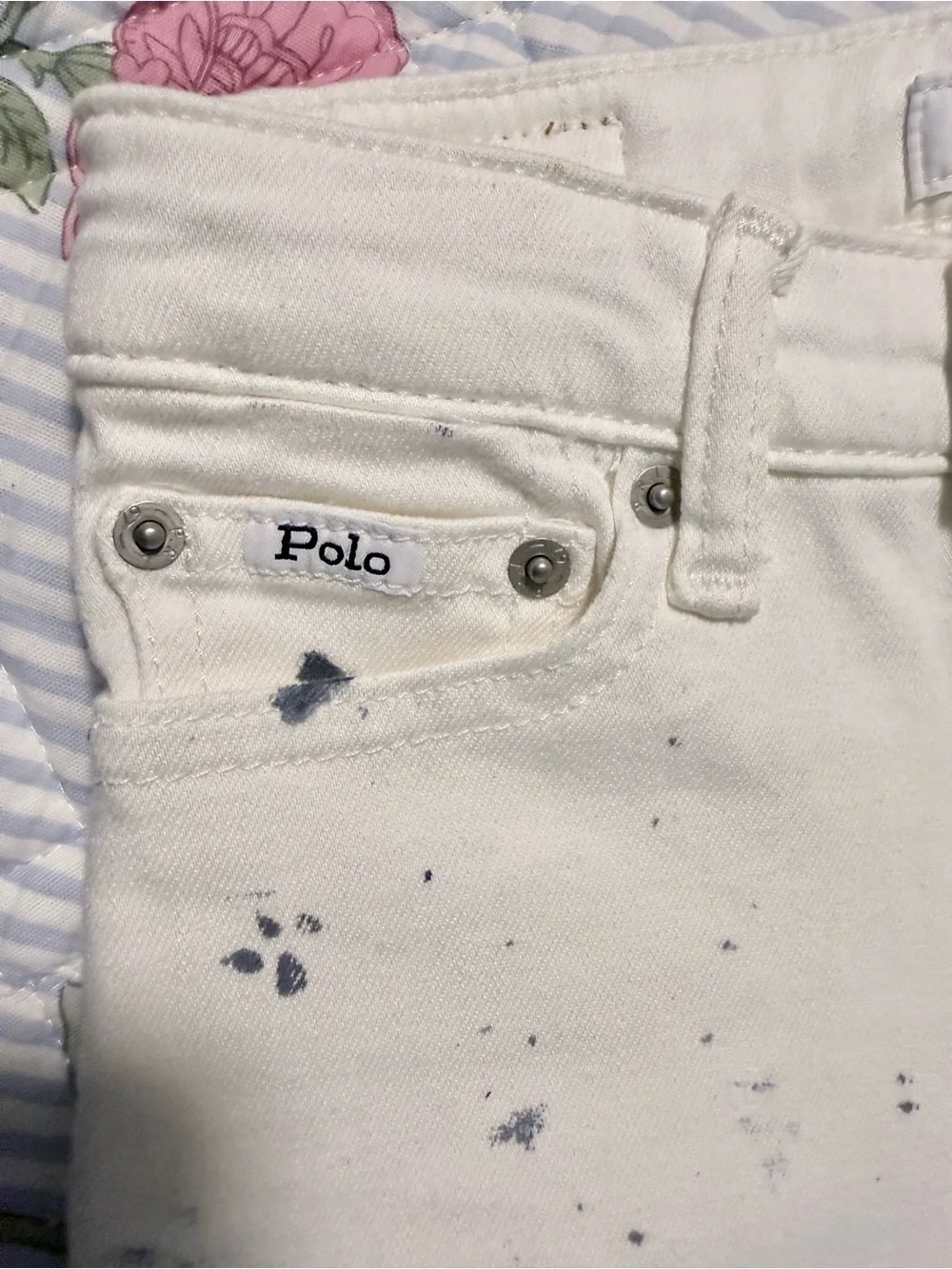 Ralph Lauren White High Rise Skinny Jeans with Blue Paint Detail